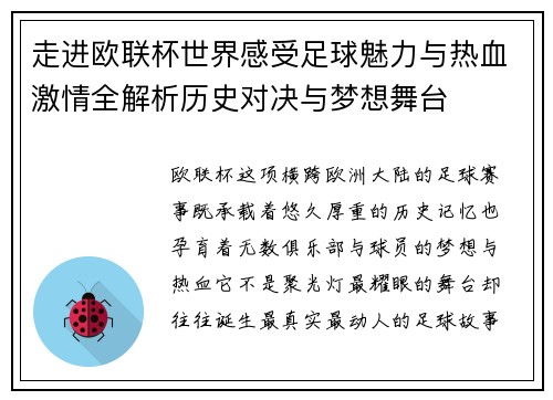 走进欧联杯世界感受足球魅力与热血激情全解析历史对决与梦想舞台