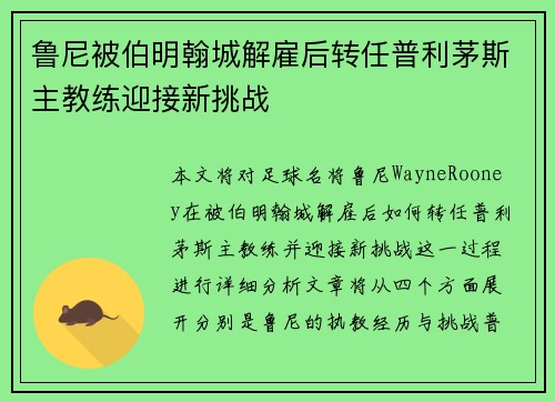 鲁尼被伯明翰城解雇后转任普利茅斯主教练迎接新挑战